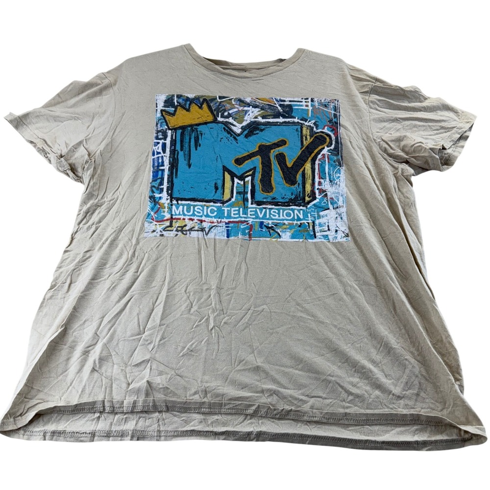 MTV T-Shirt Mens Large Tan Music Television Graphic Vintage Short Sleeve Cotton